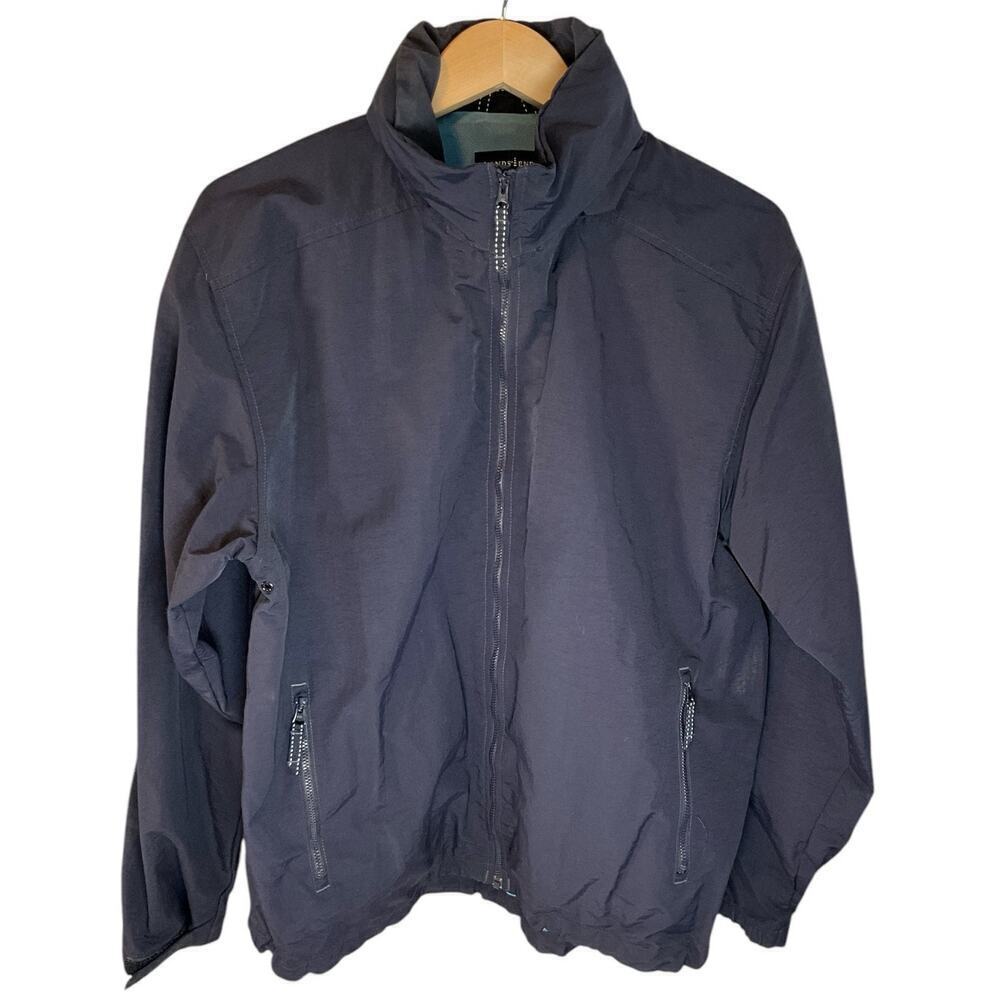 Lands' End Mens Navy Blue Classic Lined Sports Jacket Hidden Hood Large 42/44